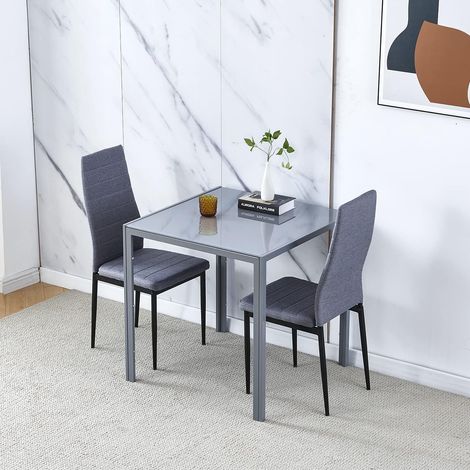 Dining Room Set, Grey Glass Dining Table with Chairs, 75x75 cm Square Glass Table and Chairs for Small Room (Table with 2 Chairs, Grey Linen)