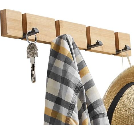 Perchero de pared con 4 ganchos extraíbles, ideal para abrigos, bufandas y bolsos, color natural. (1/4)