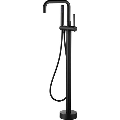 Robinet de Baignoire Autoportant, Mitigeur Baignoire sur Pied, Mitigeur d'Eau Chaude et Froide, Mitigeur pour baignoire et douche, Pivotant À 360° Bec, en laiton, noir mat (1/5)