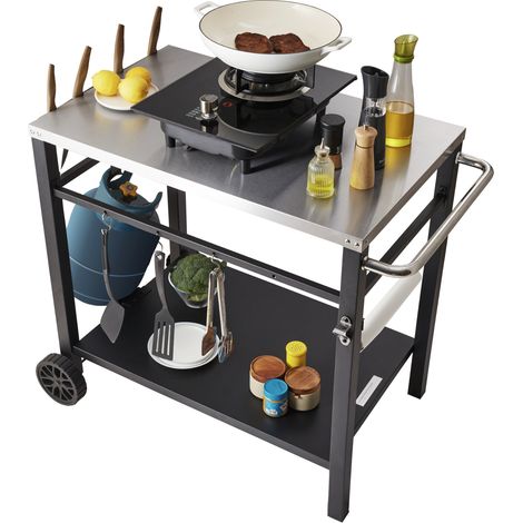 VEVOR Carrito de Comedor para Barbacoa al Aire Libre con Estante Doble, Mesa Móvil de Preparación de Alimentos para Barbacoa, Tapa de Hierro Plegable Multifuncional, Carros para Exteriores, 85x55 cm