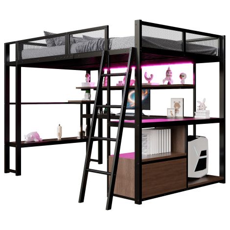 Lit mezzanine gaming métal 140 x 200 cm avec éclairage led, bureau intégré et nombreux rangements, design fonctionnel gain de place, noir (1/5)