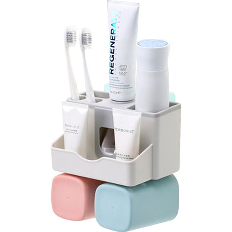 Organiseur Brosse À Dents Et Gobelet Avec Distributeur Dentifrice Automatique Adhésif Sans Perçage Pour Salle De Bain Famille - Ensemble Complet (1/2)