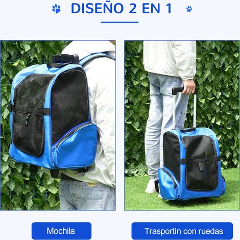 Sac de transport/sac à dos de voyage 2 en 1 pour chiens et chats. avec 2 roues. poignée rétractable en aluminium et poches de rangement. 42 x 25 x 55 cm. bleu (1/5)