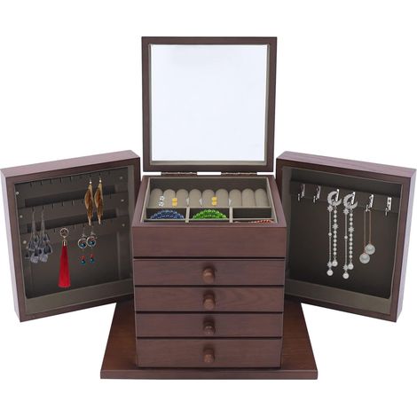 Gojoy – Boîte à bijoux en bois marron 5 niveaux – Rangement pour montres, boucles d'oreilles, bagues – Dimensions 30x20x25cm – Vintage avec miroir (1/5)