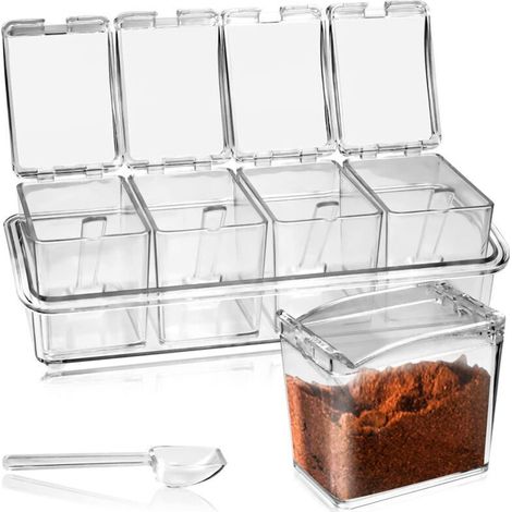 KBNIAN Set of 4 clear acrylic kitchen spice boxes, with spoons and lids, for salt, pepper, sugar and spices. (1/5)