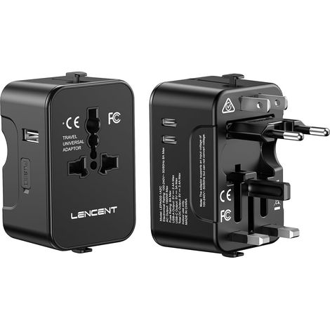 Adaptateur de Voyage International Adaptateur Universel Chargeur avec 1 USB-A et 2 Type C pour Téléphone Tablette, Adaptateur Prise électrique Mondial Tout en Un pour USA/UK/EU/AUS, Noir (1/5)