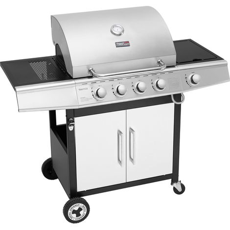 Royal Gourmet – Barbecue à gaz 4 brûleurs en inox – Puissance 14,5 kW – Thermomètre intégré – 2 tables d’appoint – 2 roues directionnelles – Argent