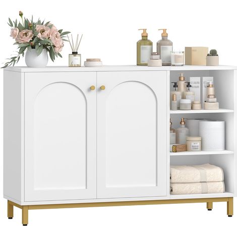 Meuble Salle de Bain, Meuble de Rangement, Armoire Salle de Bain, Placard Rangement avec 2 Portes, Compartiment Ouvert, Salle de Bains, Le Salon, Blanc-Or