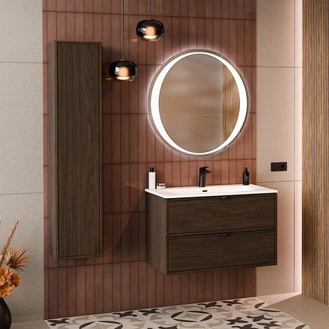 Ensemble meuble simple vasque encastrée 80cm et colonne Elias Bois foncé (1/5)