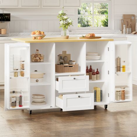 MEUBLIV Îlot de cuisine sur roulettes 120x70x92 cm blanc et bois – plateau rabattable (1/5)
