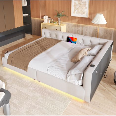 Tagesbett 140/200 cm beige aus Leinen und MDF mit LED-Beleuchtung und USB-/Type-C-Anschluss (1/5)
