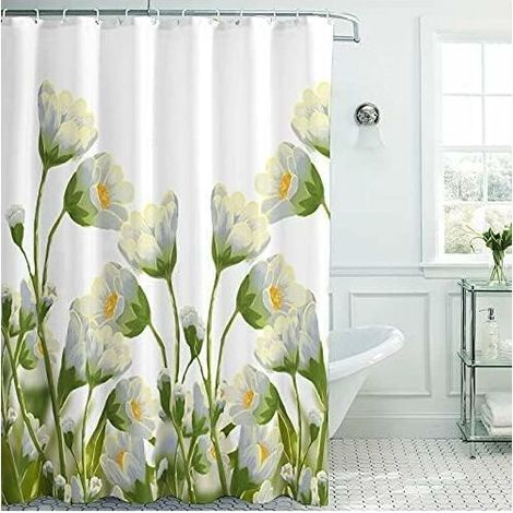 Set di tenda da doccia in tessuto impermeabile con motivo a margherite bianche in stile country, adatto per l'arredamento del bagno in stile bohémien, include una tenda alta 30 cm. (1/5)