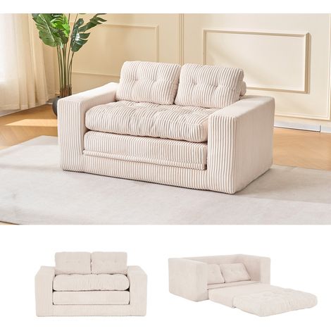 Sofá cama de 2 plazas en pana beige, sin montaje, con espuma y diseño compacto OKWISH (1/5)