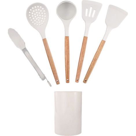 Ensemble de 5 ustensiles en silicone beige avec manches en bois et support (1/2)