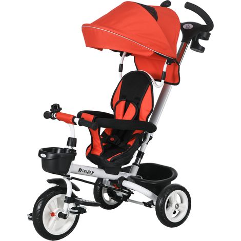 Tricycle enfant 6 en 1 barre de poussée capote harnais panier rouge dès 18 mois