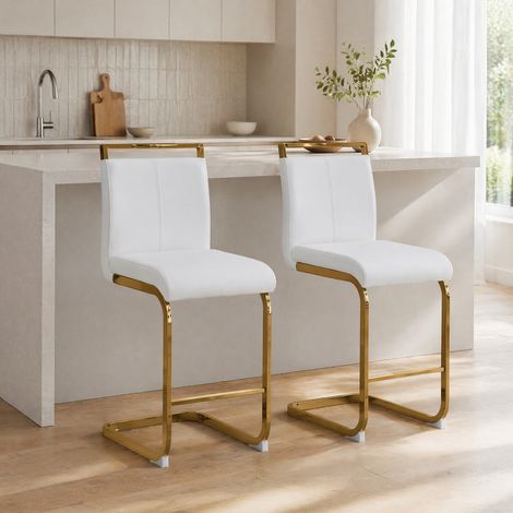MEUBLIV Lot de 2 tabourets de bar 39x46,5x96,5 cm blanc et doré – dossier, repose-pieds (1/5)