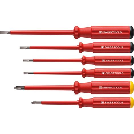 Juego de destornilladores VDE de 6 piezas, cabeza plana PH, en caja de cartón. Classic PB Swiss Tools.