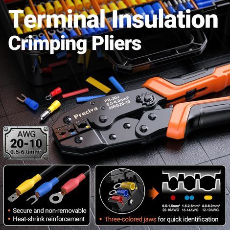 Preciva Pince à Sertir avec 600 pcs (490 Cosses Electriques Isolée + 110 Gaine Thermorétractable), 0.5-6mm² Cosses Electriques a Sertir pour Réparations Électriques, avec Caisse à Outils à 2 Niveaux (1/4)