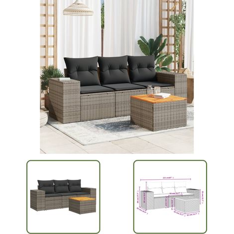 The Living Store 4-tlg. Garten-Sofagarnitur mit Kissen Grau Poly Rattan - Gartenmöbel - Outdoor Möbel - Rattan Gartenset - Lounge Set - Esstisch (1/3)