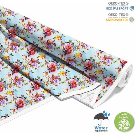 Outdoor dekostoffe oxford - Motiv Blumen und Vögel auf blauem (1/5)