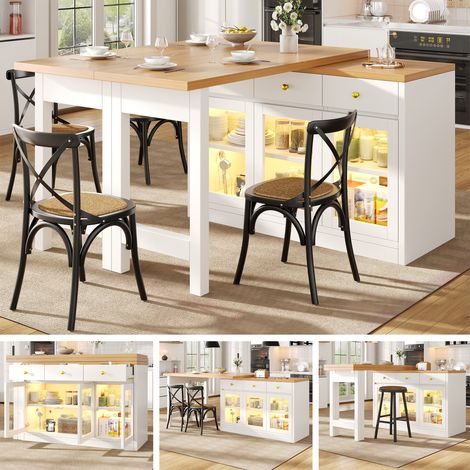 Îlot de cuisine LED extensible 120-200 cm tiroirs portes vitrées design moderne cuisine salle à manger meuble connecté rangement pratique