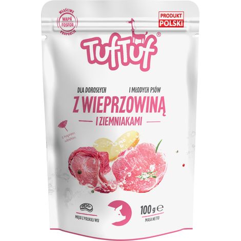 Comida húmeda para perros TufTuf, cerdo con patata, sobre de 100 g, carne en conserva.