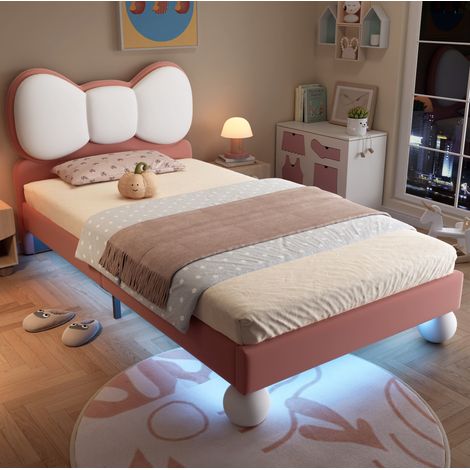 Letto bambini 90x200 cm con testiera LED e rete a doghe, in velluto beige e rosa, materasso non incluso (1/5)
