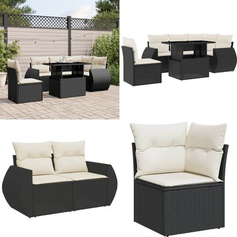 6-tlg. Garten-Sofagarnitur mit Kissen Schwarz Poly Rattan - Gartenmöbel Set - PE-Rattan Möbel - Outdoor Lounge - Gartenecke - Sofasatz - Home & Living (1/5)