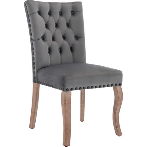 Chaise de salle à manger en velours gris avec pieds en bois massif et clous décoratifs, lot de 6 (1/5)
