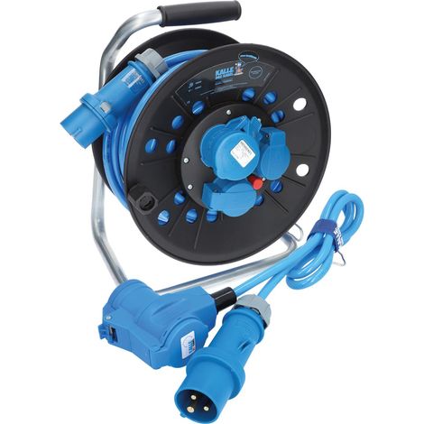 KALLE DAS KABEL Campingkabeltrommel CEE H07RN-F 3G 2,5 mm² 230V 16A Extreme Blau IP44 25 Meter im Set mit Anschlussleitung Winkel 1,5 Meter