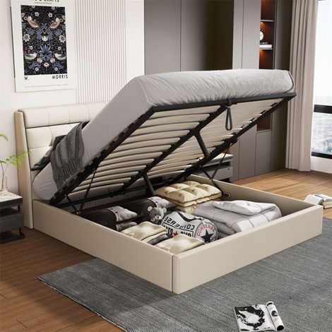 Lit coffre rembourré hydraulique 140x200 cm - PU blanc, tête de lit rangement, sommier à lattes (sans matelas) (1/5)