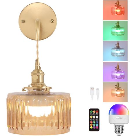 Applique murale rétro à recharge sans fil, éclairage LED RGB, lampe décorative adaptée au chevet et espace de vie (télécommande + ampoule incluses) (1/5)