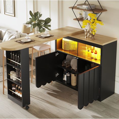 Table bar 135-205/39/100 cm noire avec LED, roulettes et rangements (1/5)