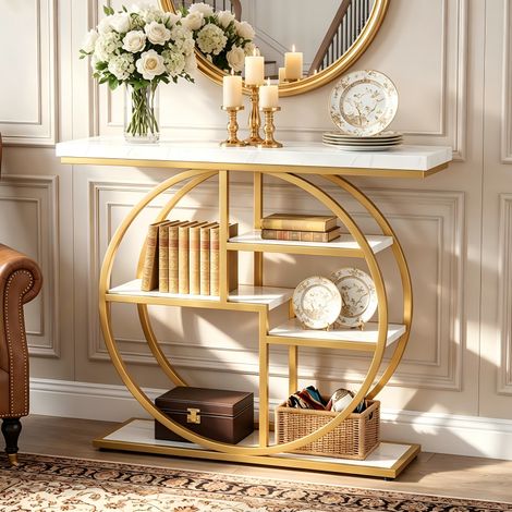 Table Console Industrielle à 4 niveaux avec Base Circulaire, 105 cm Tables d'appoint étroites pour salon, Blanc et Doré (1/5)