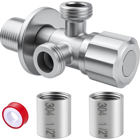 Raccord d'eau - 1 robinet d'angle 1/2" - Double vanne d'angle en acier inoxydable - Vanne de régulation - Boîtier en acier inoxydable 304 - Noyau en laiton - Pour filetage mural 1/2" (1/5)