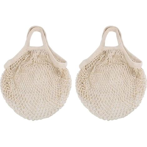 Set mit 2 wiederverwendbaren und waschbaren Einkaufstaschen aus Baumwolle zur Aufbewahrung von Obst, Gemüse usw. Beige, Weiß, Größe L, Taschenorganizer (1/5)