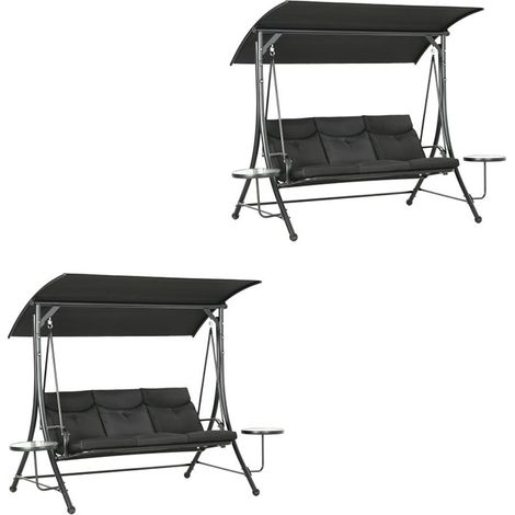 2er-Set hollywoodschaukel mit Couchtische, 3-Sitzer Gartenschaukel mit verstellbarem Sonnendach, Schaukelbank belast bis 300kg, für Garten, Terrasse, 271 x 125 x 177 cm, Schwarz