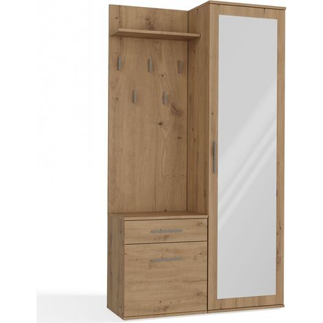 Armario de recibidor de roble artesanal con espejo, percha y armario - Conjunto de muebles para recibidor (1/5)