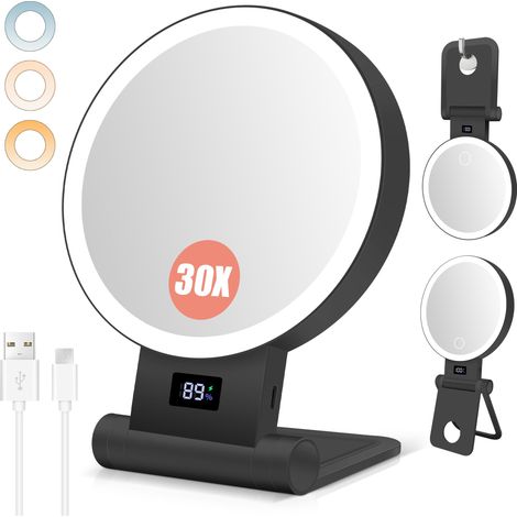 Miroir cosmétique 30X/1X avec grossissement, indicateur de batterie, support 4 en 1, batterie 2000 mAh, double face, lumière 3 couleurs, table/mur, pliable, pour la maison et les (1/5)