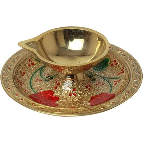 Petite lampe à huile Minakari Diya Deepak Pooja Puja Article religieux en laiton essentiel indien traditionnel festival décoration Aarti Diya accessoires d'éclairage articles cadeaux Pooja kit (1/5)