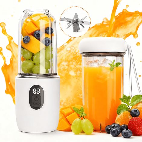 Tragbarer Mixer mit 16 robusten Edelstahlklingen, 500 ml (17 oz) Fassungsvermögen, kabelloser Mini-Mixer/Entsafter/Blender, geeignet für Outdoor-Aktivitäten, Camping und andere Anlässe, weiß.