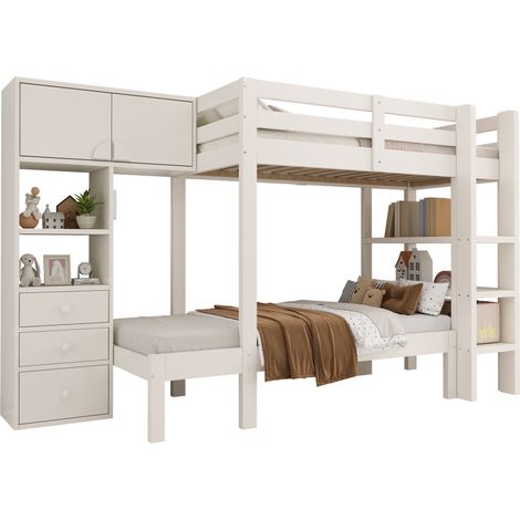 Lit superposé 90x200 cm avec veilleuse LED intelligente, design décalé, armoire, étagères et tiroirs, grand rangement, blanc, certifié EN747-1:2024 CHICFURN (1/5)
