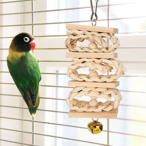 Lot de 8 pièces : Paille tressée, bloc de bois, perles colorées, éponge luffa, balançoire, jouet à mâcher et à mordiller pour oiseaux et perroquets. (1/5)
