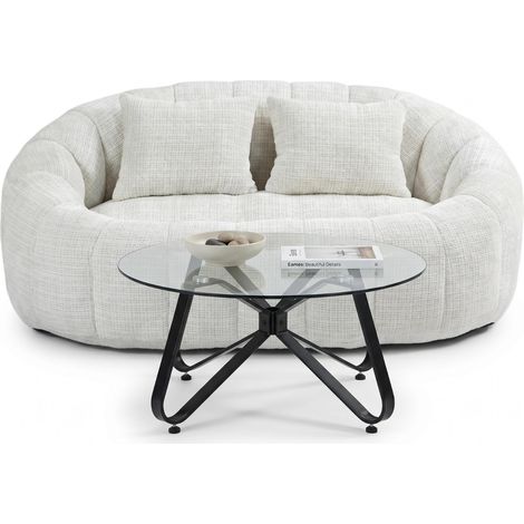FurnitureR Wohnzimmer Set rundes Sofa 2 Sitzer Stoff creme mit Glas Couchtisch modernes Design Metallgestell kompakt Lounge Möbel