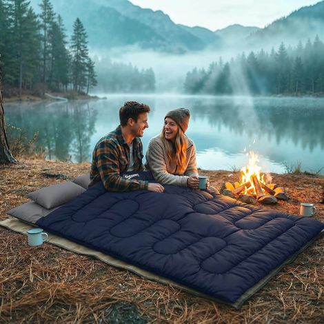 Bleu - Sac de couchage double pour adultes Queen Size pour 2 personnes doté de 2 oreillers et sac de transport foncé