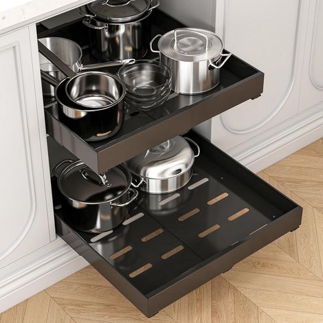 Lot de 2 Organiseurs Coulissants Pour Placard, Profondeur 52 Cm, Extensible (32-52 Cm), Tiroirs Coulissants Robustes, IdéAl Pour Le Rangement De La Cuisine (Noir) (1/5)
