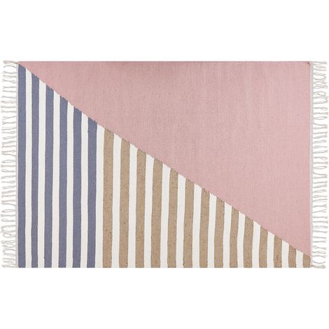 Alfombra de lana rosa blanco beige azul 160 x 230 cm yute a mano borlas Engiz (1/5)