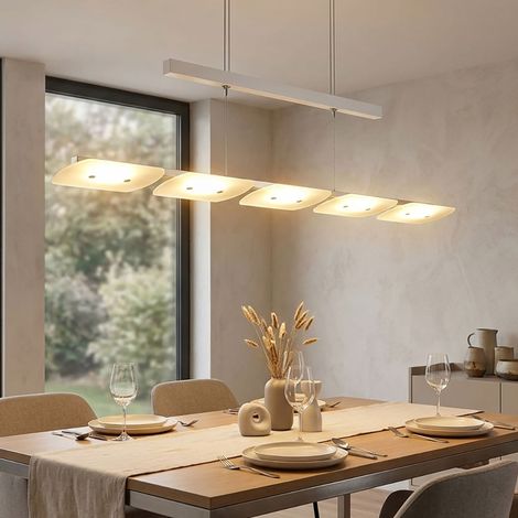 LED Hängeleuchte Küchenlampe Pendelleuchte Höhenverstellbar Hängelampe Esszimmer, Alu Stahl Glas satiniert, 5x 4,8W 210Lm warmweiß, LxBxH 89x10x110 cm (1/5)