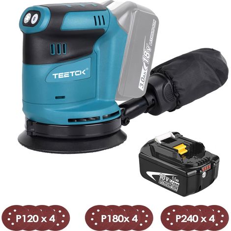 Ponceuse orbitale aléatoire sans fil,Sans balais,ponceuse 18V Ø 125mm, Compatible avec la batterie Makita, 6 vitesses avec sac à poussière & papier de verre 12PCS+5.5Ah batterie (chargeur non inclus)