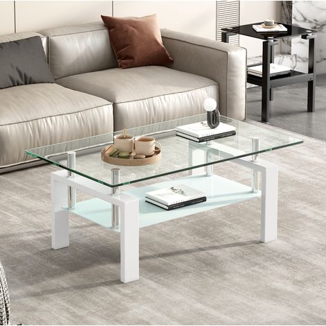 Mesa de centro de vidrio templado blanco y metal, 100 cm, 2 estantes (1/5)